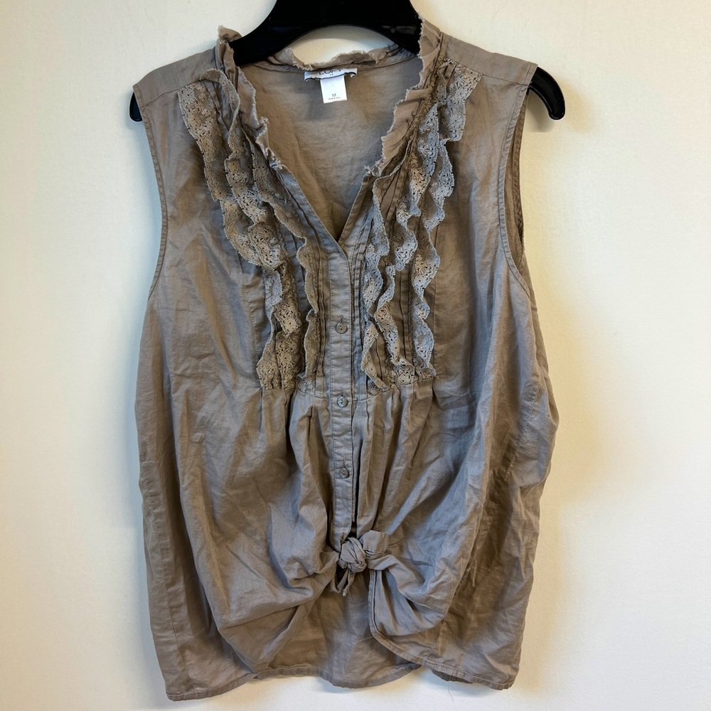 LOFT Gray Ruffled Tie Front Blouse